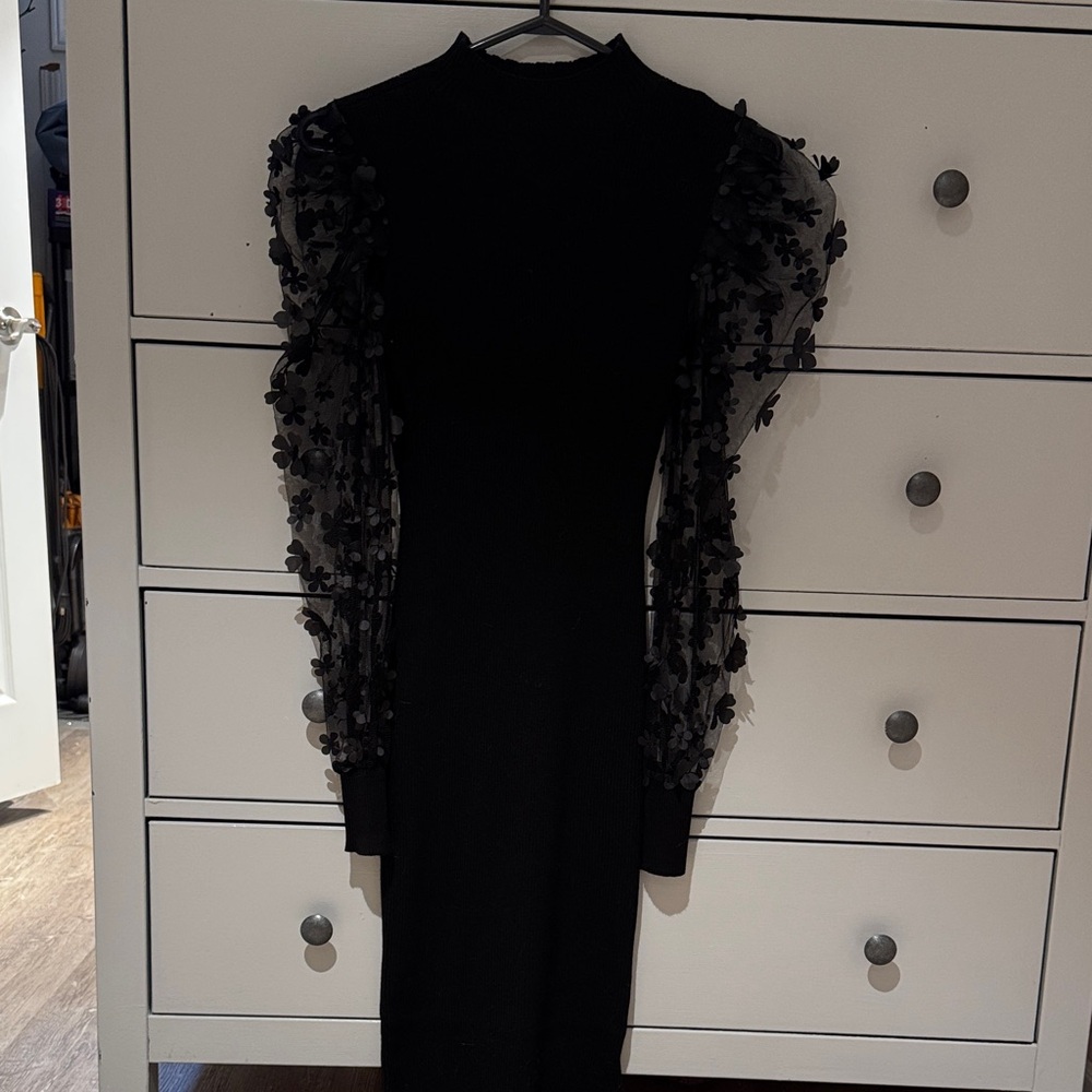 Almost Famous Black Dress with Sheer Floral Sleeves